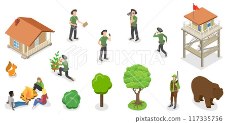 3D Isometric Flat  Set of Forest Guard Characters, Ranger Keepers of Park Resources 117335756