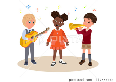 Flat Illustration of Talanted Children, Happy Kids Singing and Playing Classic Musical Instruments Flat Illustration of Talanted Children, Happy Kids Singing and Playing Classic Musical Instruments 117335758