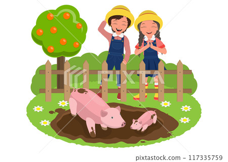 Flat Illustration of Happy Little Farmers, Kids Working in Farm Flat Illustration of Happy Little Farmers, Kids Working in Farm 117335759