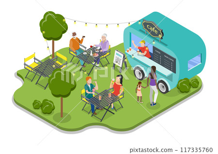 3D Isometric Flat Illustration of Street Food Restaurant, Summer Public Entertainment Party 3D Isometric Flat Illustration of Street Food Restaurant, Summer Public Entertainment Party 117335760