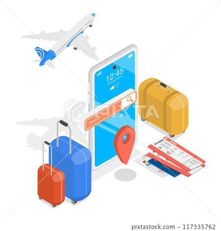 3D Isometric Flat  Illustration of Travel Online Booking, Summer Holiday Planning 117335762