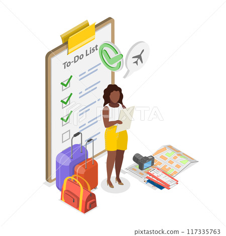 3D Isometric Flat  Illustration of Packing List, Travel Checklist 117335763