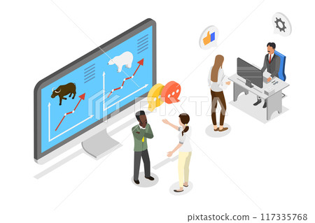 3D Isometric Flat  Illustration of Traders Analysing Global Market , Bears and Bulls 117335768