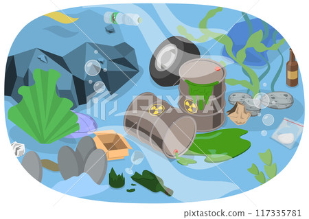 3D Isometric Flat  Illustration of Dirty Underwater Landscape , Ocean Pollution Impact on Ecosystem 117335781