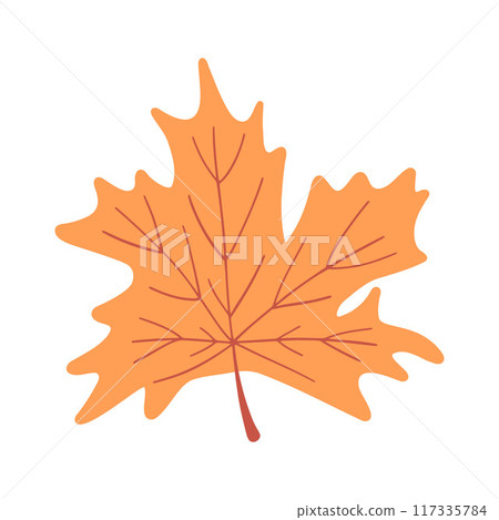 Simple illustration of an orange maple leaf, symbolizing autumn. The design is minimalistic, with clean lines and a focus on the leafs natural shape and texture. 117335784