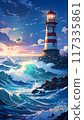 A digital illustration depicting a lighthouse standing tall on a rocky outcrop amidst a dramatic seascape 117335861