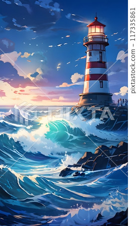 A digital illustration depicting a lighthouse standing tall on a rocky outcrop amidst a dramatic seascape A digital illustration depicting a lighthouse standing tall on a rocky outcrop amidst a dramatic seascape 117335861