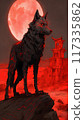 A majestic black wolf with glowing red veins stands on a rocky outcrop in a desolate, red-hued landscape 117335862