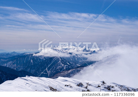 Mt. Nishihotaka with remaining snow Mt. Nishihotaka with remaining snow 117336096