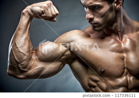 A shirtless muscular man is confidently flexing his impressive muscles 117336111