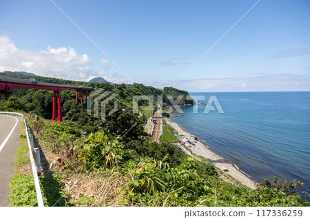 Aomigawa Station seen from the top of the coastal terrace, Kashiwazaki City, Niigata Prefecture Aomigawa Station seen from the top of the coastal terrace, Kashiwazaki City, Niigata Prefecture 117336259
