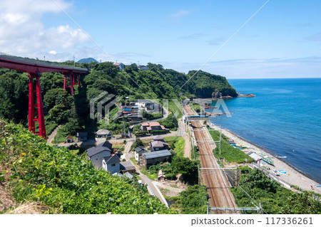 Aomigawa Station seen from the top of the coastal terrace, Kashiwazaki City, Niigata Prefecture Aomigawa Station seen from the top of the coastal terrace, Kashiwazaki City, Niigata Prefecture 117336261