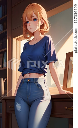 Young woman with blonde hair and blue eyes, wearing blue t-shirt and blue jeans. The t-shirt is cropped, revealing her midriff. The jeans are fitted and have a distressed look Young woman with blonde hair and blue eyes, wearing blue t-shirt and blue jeans. The t-shirt is cropped, revealing her midriff. The jeans are fitted and have a distressed look 117336399