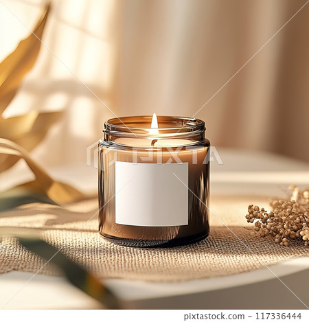 Candle jar mockup, burning candle mockup with white label, scented candle template in cozy home interior Candle jar mockup, burning candle mockup with white label, scented candle template in cozy home interior 117336444