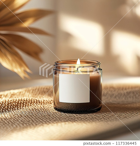Candle jar mockup, burning candle mockup with white label, scented candle template in cozy home interior Candle jar mockup, burning candle mockup with white label, scented candle template in cozy home interior 117336445