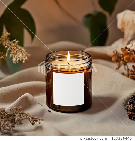 Candle jar mockup, burning candle mockup with white label, scented candle template in cozy home interior Candle jar mockup, burning candle mockup with white label, scented candle template in cozy home interior 117336446