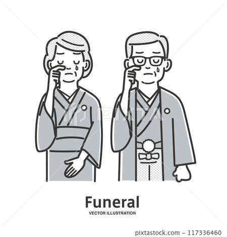 An elderly couple mourning the deceased at a funeral 117336460