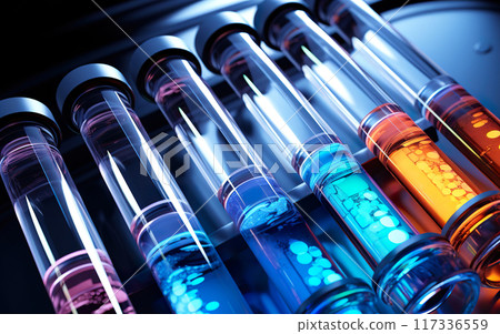 science laboratory with scientific research of medicines, chemical liquid in tube at modern lab 117336559