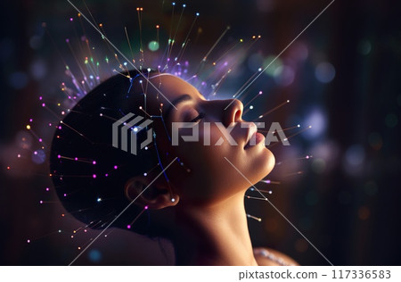 person head with futuristic scanning headset, brain waves scan, mindset and consciousness 117336583