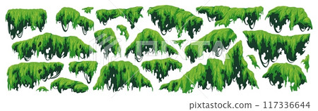 Green swamp moss. Hanging and creeping jungle plants, rainy forest and marsh flora, natural rocks lichen, game rainforest landscape elements, cartoon flat style isolated tidy vector set 117336644
