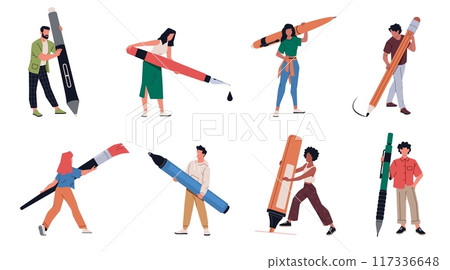 People hold big pen. Tiny men and women write and draw, office characters, pens, pencils and brushes, copywriters and authors, boy and girl with stationery, cartoon flat nowaday vector set 117336648