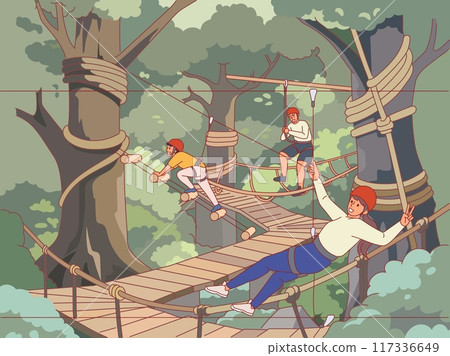 People in rope adventure park. Family having fun at sport entertainment park, climbing between trees, rope ladder, suspension bridges, happy man and woman in equipment, vector cartoon concept 117336649