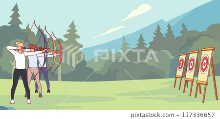 Shooting competitions. Girls shoot bows at round targets, archery training, accuracy and strength, women aim for center, professional sport, cartoon flat style isolated vector concept 117336657