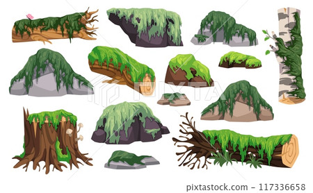Stumps and logs in moss. Tree trunks and rocks overgrown with creeping rainforest lichens, game natural woodland elements, dense forest plants, tidy vector cartoon isolated set 117336658