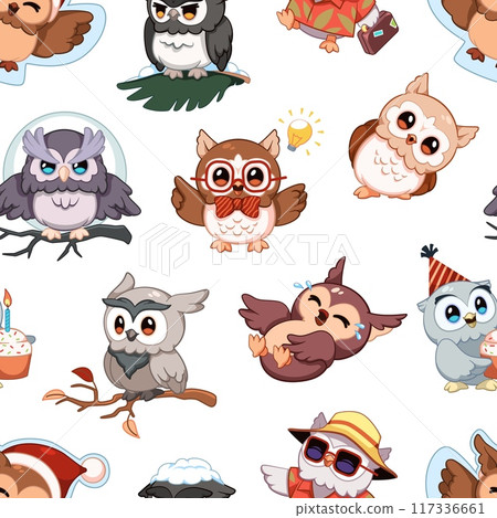 Wise owl seamless pattern. Kids bird characters, funny style, symbol of knowledge and education, repeated mascots, Decor textile, wrapping, wallpaper. Print for fabric, tidy vector background 117336661