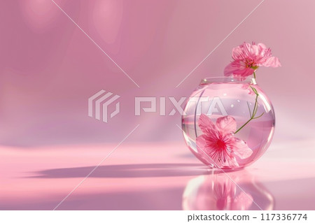 Serene Pink Cherry Blossoms in Transparent Glass Vase on Pastel Background. High quality photo Serene Pink Cherry Blossoms in Transparent Glass Vase on Pastel Background. High quality photo 117336774