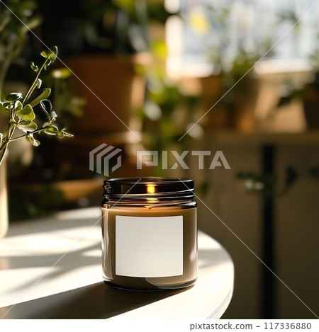 Candle jar mockup, burning candle mockup with white label, scented candle template in cozy home interior Candle jar mockup, burning candle mockup with white label, scented candle template in cozy home interior 117336880