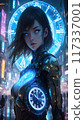A female cyborg standing in a futuristic cityscape. Her suit is adorned with clock-like elements, suggesting a connection to time and its passage 117337001