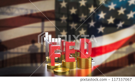The fed and gold coins on America flag for Business concept 3d rendering. 117337067