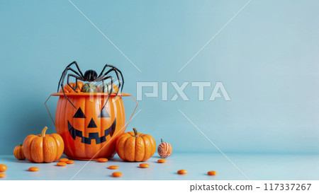 Halloween pumpkin, Jack O Lantern bucket with sweet candy and spider isolated on light blue background with copy space. Horizontal banner template Halloween pumpkin, Jack O Lantern bucket with sweet candy and spider isolated on light blue background with copy space. Horizontal banner template 117337267