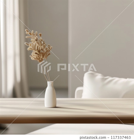 White boho home interior background with tabletop, product placement backdrop, cozy home decor 117337463