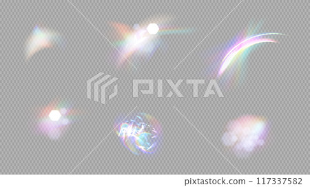 Rainbow reflection Light Prism Flare Overlay effect on light background. Cristal flare leak shadow overlay Hologram glass dispersion. Transparent Mesh gradient Vector illustration 117337582