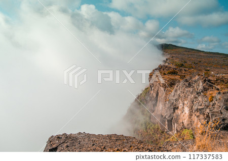 Maido with lookout over Cirque de Mafate in Reunion, France - Africa. Misty 117337583