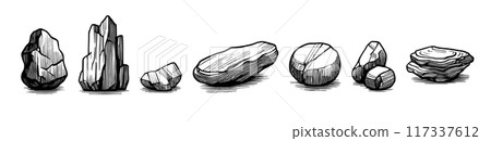 Rock pebble stone line vector engraving outline vector design. Sketch hand drawn stone clipart 117337612