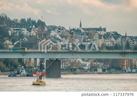 Koblenz in winter as seen from the water Koblenz in winter as seen from the water 117337976