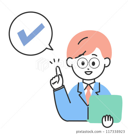 A man in a suit holding a laptop, check mark 117338923