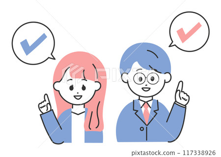 Men and women in suits pointing at check marks Men and women in suits pointing at check marks 117338926