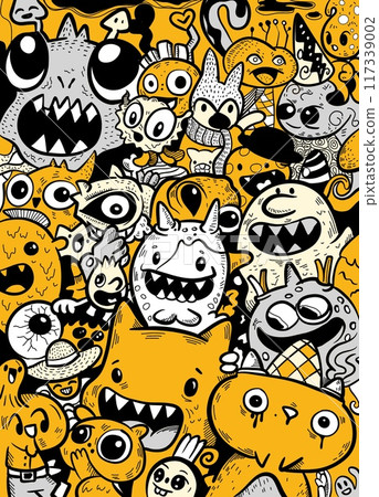 Whimsical Cartoon Monster Gathering in Colorful Doodle Art Whimsical Cartoon Monster Gathering in Colorful Doodle Art 117339002