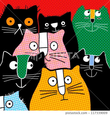 Colorful Halftone Doodle Cats Collage Illustration 117339009
