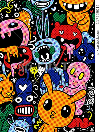 Vibrant Cartoon Monster Characters with Halftone Pop Art Style Vibrant Cartoon Monster Characters with Halftone Pop Art Style 117339015