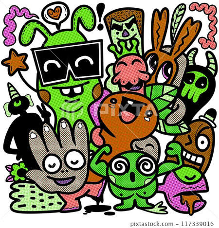 Retro Pop Art Cartoon Characters with Dotted Halftone Effect Retro Pop Art Cartoon Characters with Dotted Halftone Effect 117339016
