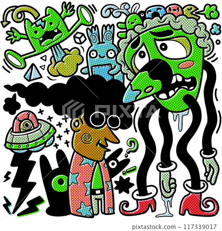 Retro Pop Art Cartoon Characters with Dotted Halftone Effect 117339017