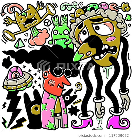 Surreal Cartoon Characters in Whimsical Doodle Art Surreal Cartoon Characters in Whimsical Doodle Art 117339022