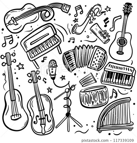 Hand Drawn Musical Instruments Doodle Art Hand Drawn Musical Instruments Doodle Art 117339109