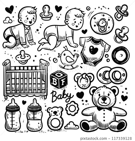 Hand-drawn baby items doodle set with pacifiers bottles crib toys and crawling babies on white background for coloring book 117339128