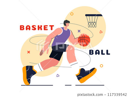 Happy Young Man Playing Basketball Vector Illustration Wearing a Basketball Uniform on an Court for Tournament in a Flat Style Design Background 117339542